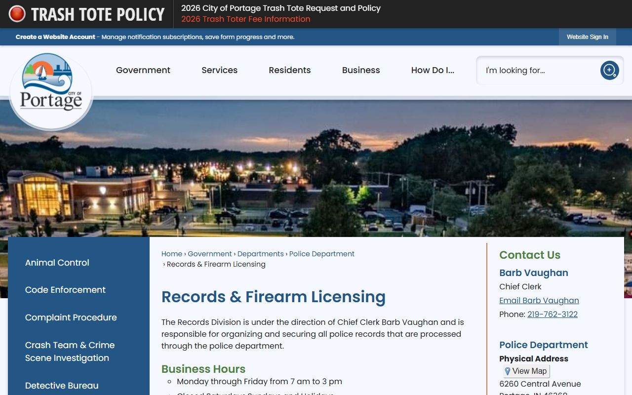 Portage Police Department booking reports and records page