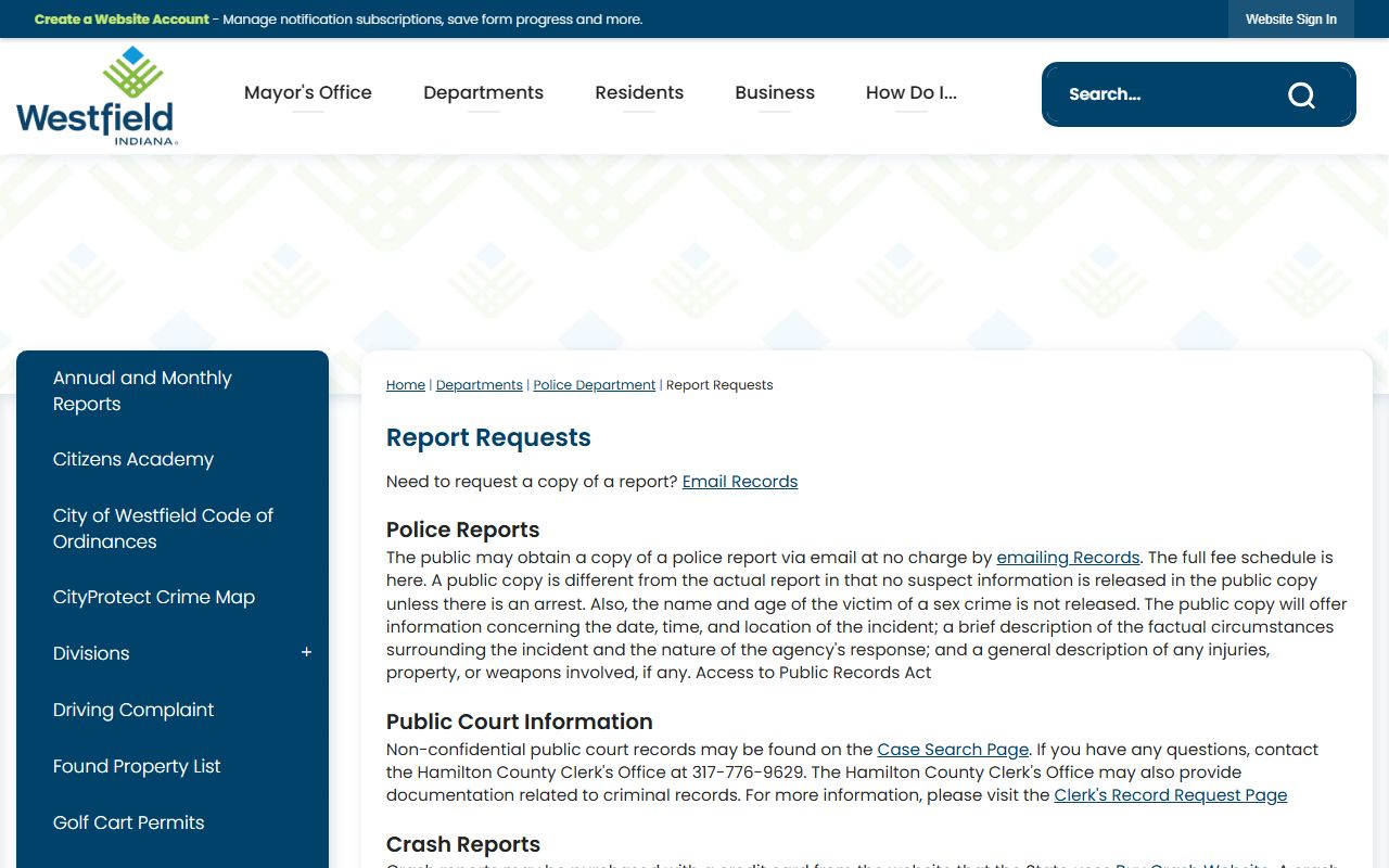 Westfield Police Department records request page for booking reports