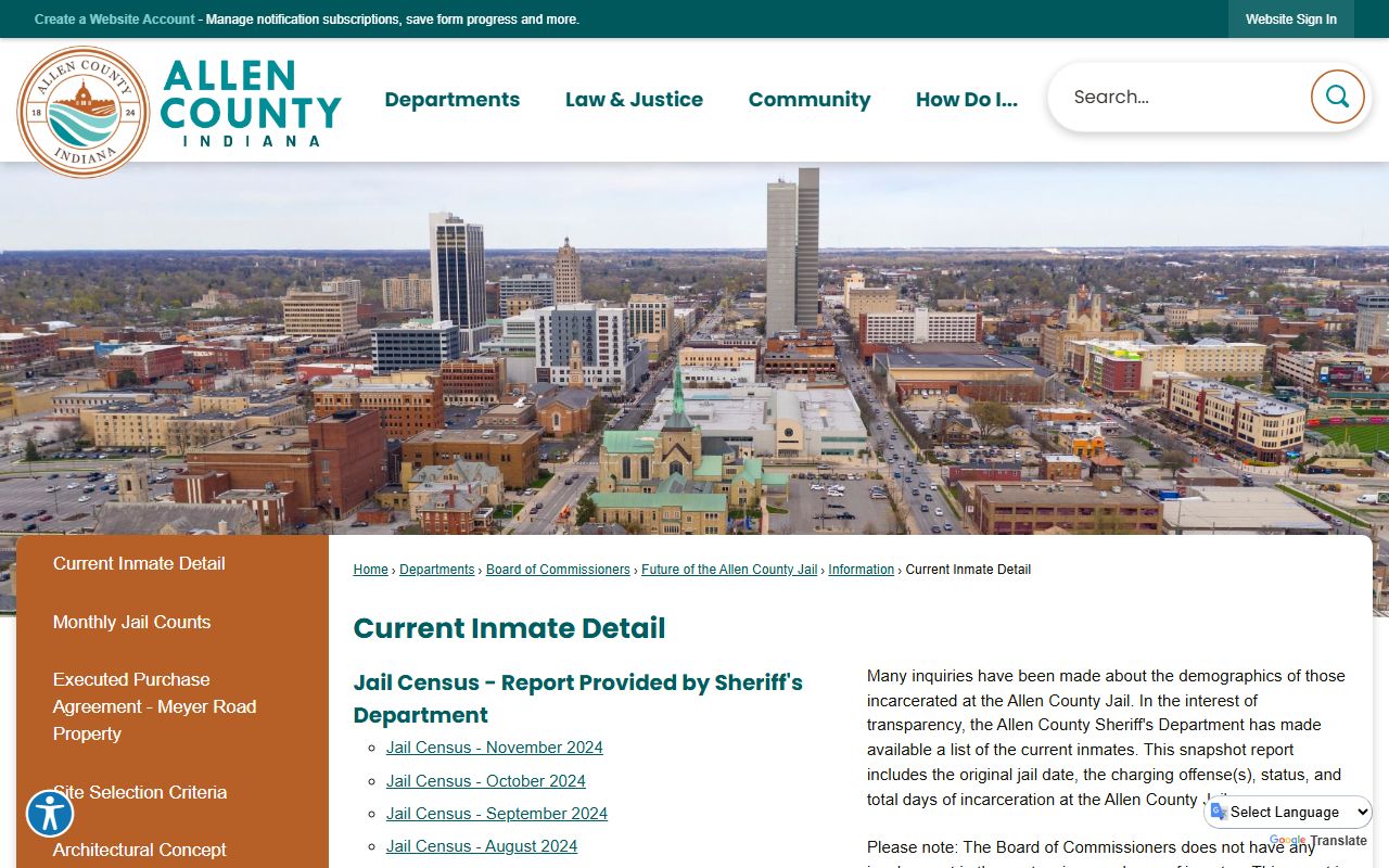 Allen County current inmate detail page showing booking reports