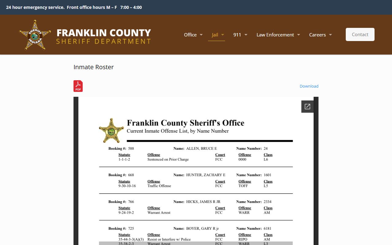Franklin County Indiana inmate roster booking reports search
