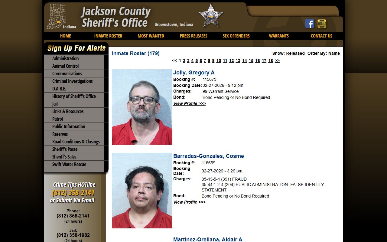 Jackson County inmate roster for booking reports in Brownstown Indiana
