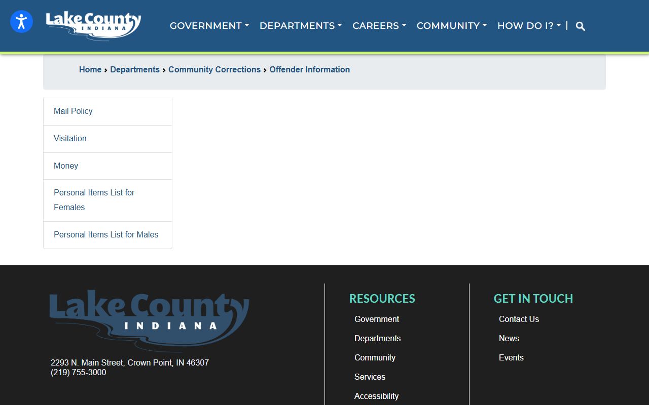 Lake County community corrections offender information booking records