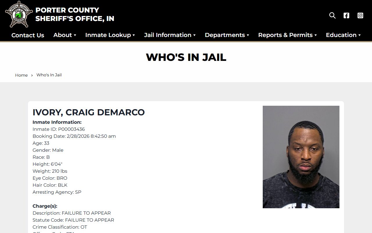 Porter County Indiana Who's in Jail booking reports search