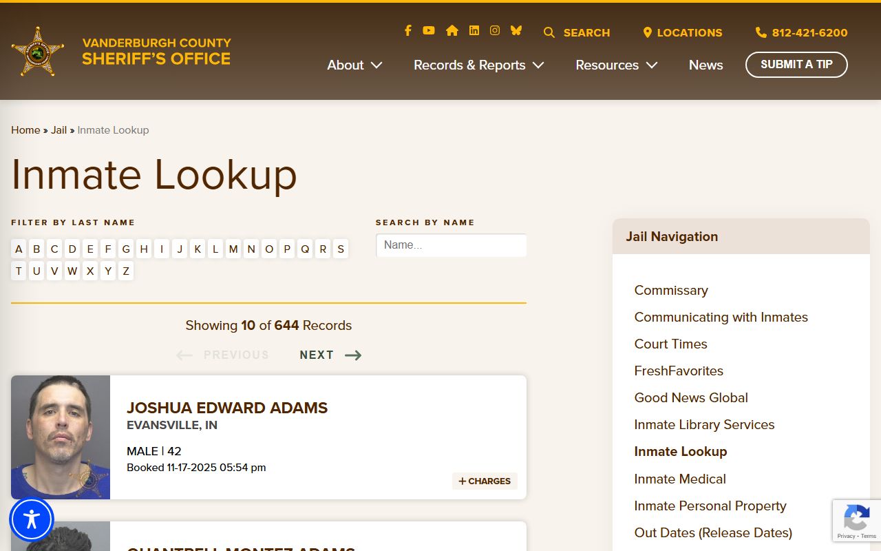 Vanderburgh County Indiana inmate lookup for booking reports