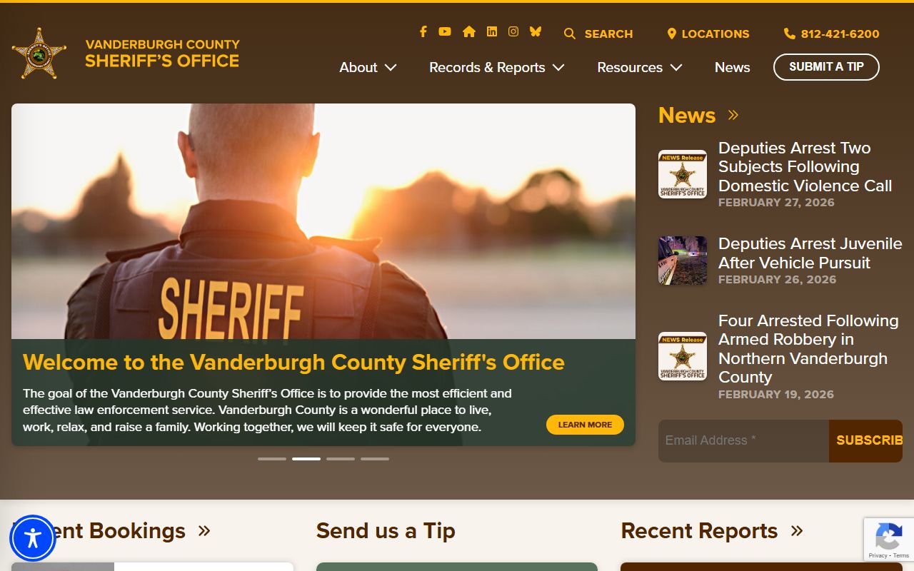 Vanderburgh County Indiana Sheriff Office booking reports page