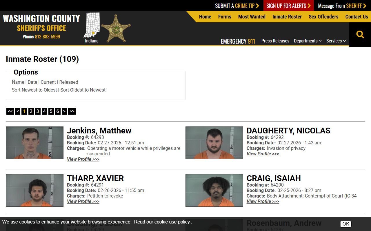 Washington County inmate roster showing booking reports