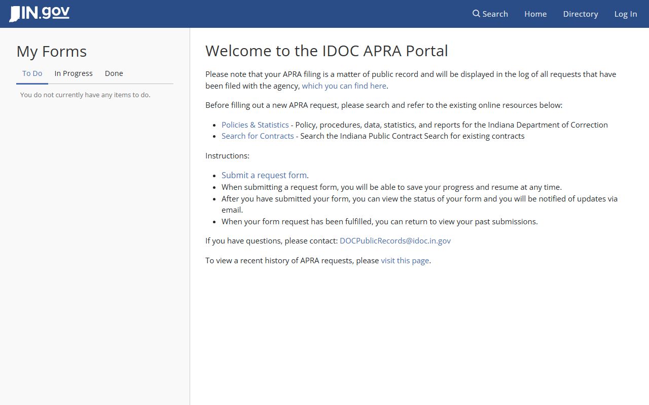 Indiana IDOC APRA portal for booking reports requests