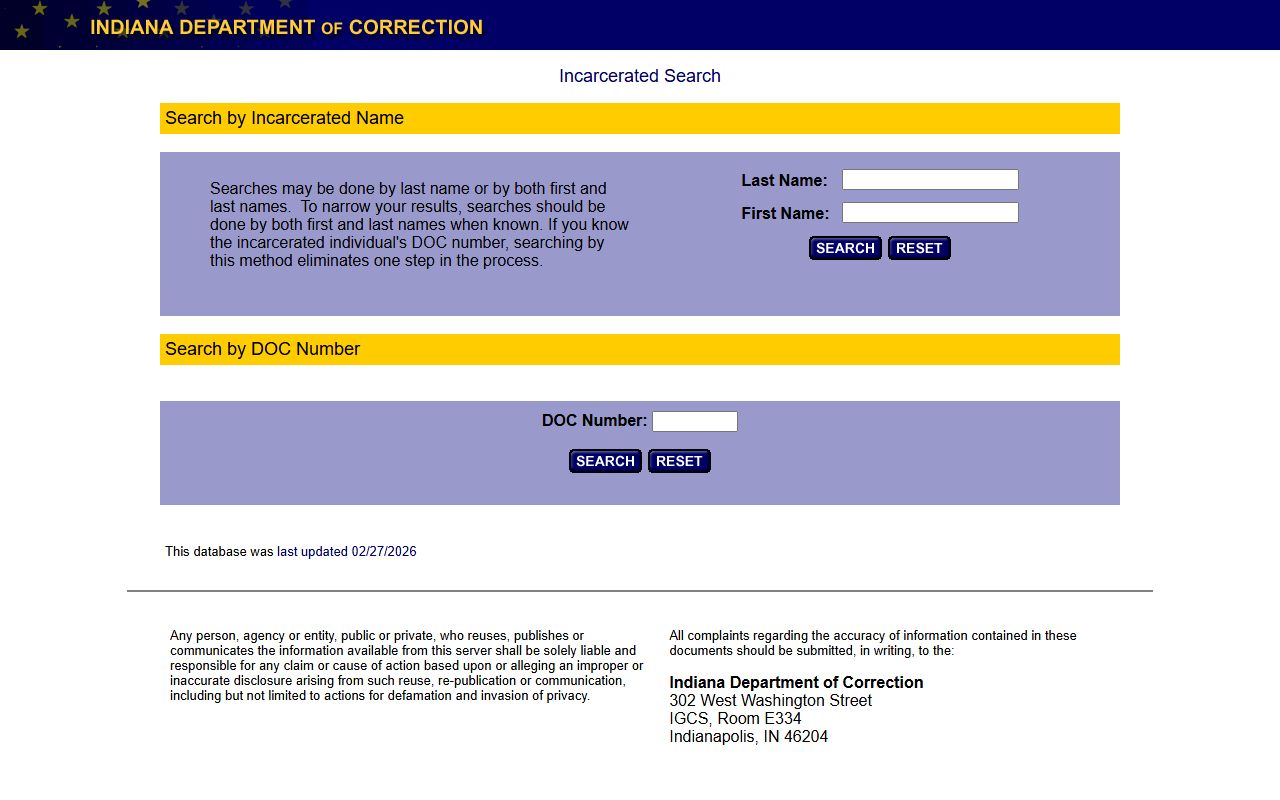 Indiana IDOC offender locator for booking reports search