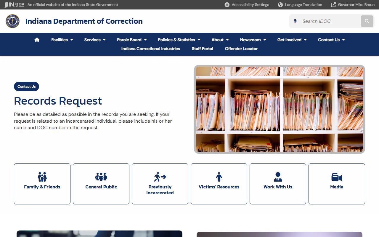 Indiana IDOC records request page for booking reports
