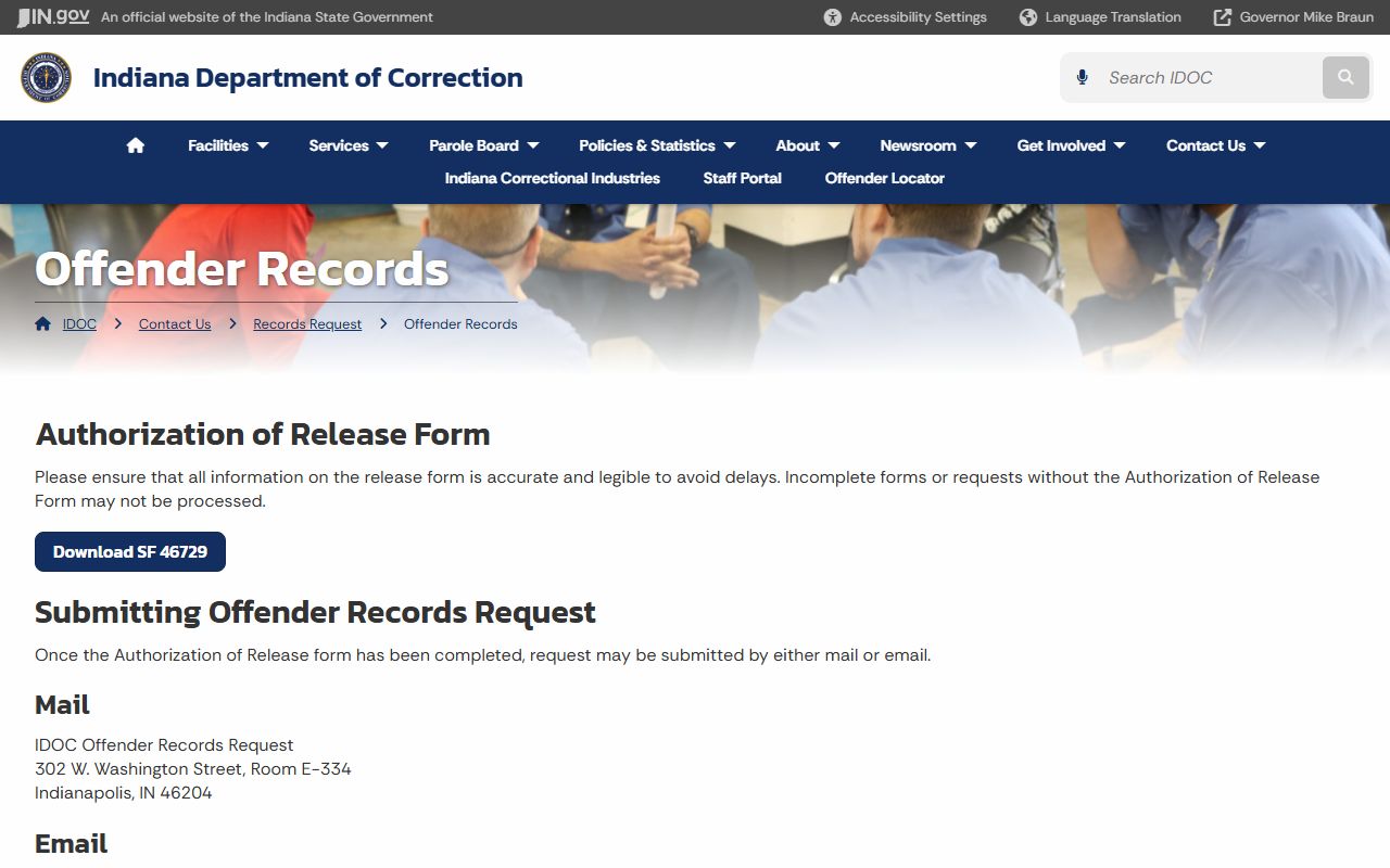 Indiana IDOC offender records request for booking reports