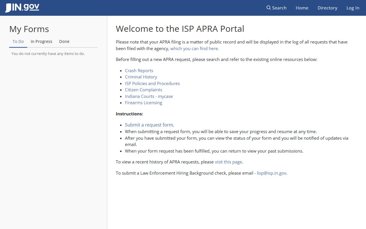 Indiana State Police APRA portal for booking reports