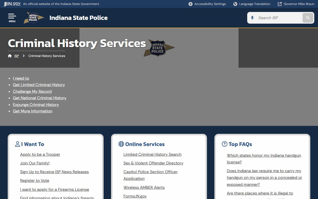 Indiana State Police criminal history services for booking reports