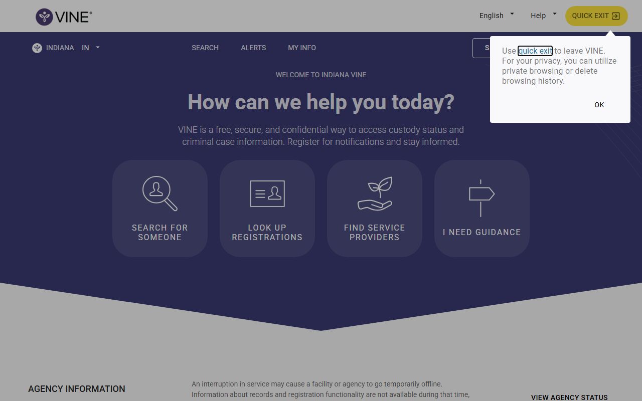 Indiana VINELink custody status for booking reports